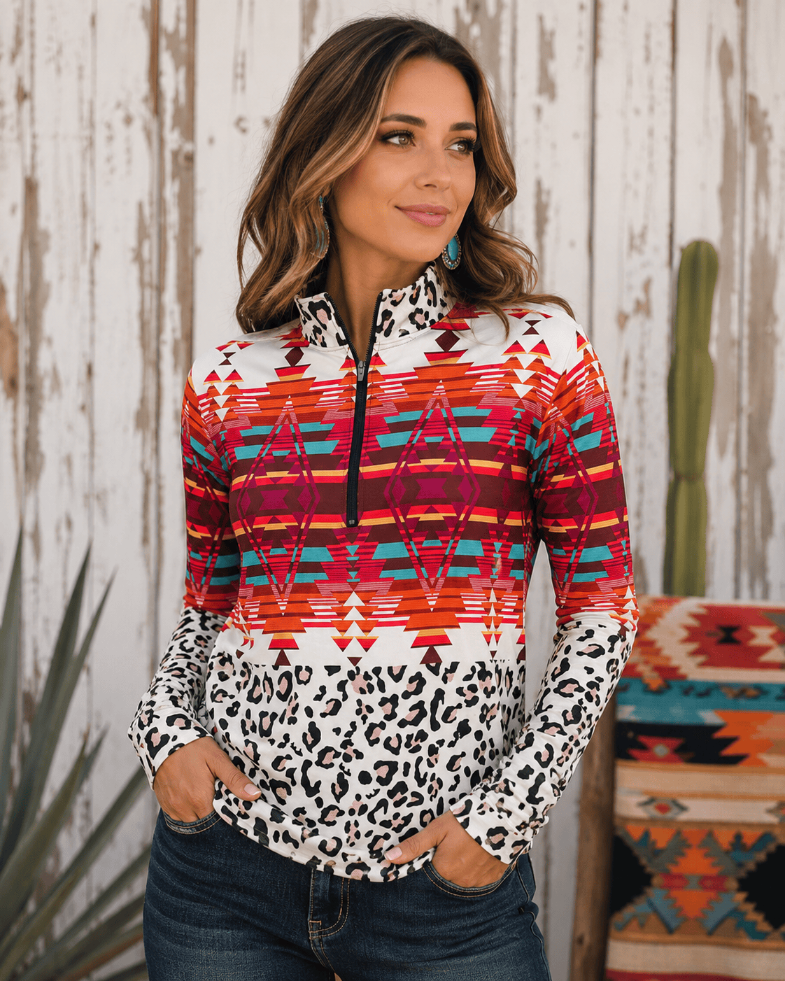 ILTEX Apparel Women's Clothing QZ1001 - Aztec White Cheetah Quarter Zip Top