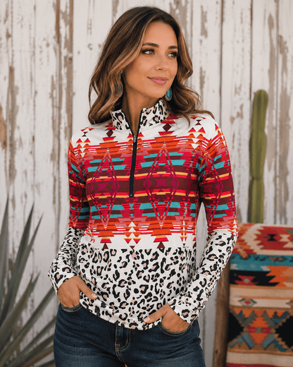 ILTEX Apparel Women's Clothing QZ1001 - Aztec White Cheetah Quarter Zip Top
