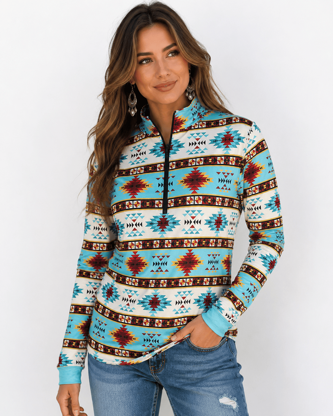 ILTEX Apparel Women's Clothing QZ1003 - Aztec Turquoise Quarter Zip Top