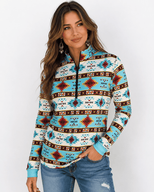 ILTEX Apparel Women's Clothing QZ1003 - Aztec Turquoise Quarter Zip Top