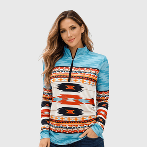 ILTEX Apparel Women's Clothing QZ1004 - Aztec Color Block Turquoise Quarter Zip Top