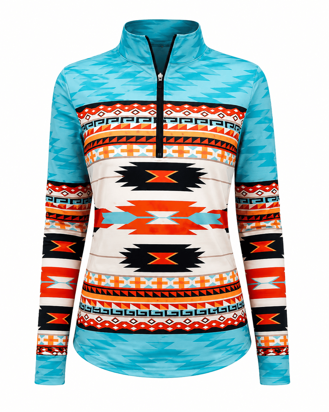 ILTEX Apparel Women's Clothing QZ1004 - Aztec Color Block Turquoise Quarter Zip Top