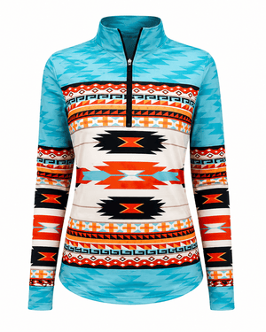 ILTEX Apparel Women's Clothing QZ1004 - Aztec Color Block Turquoise Quarter Zip Top