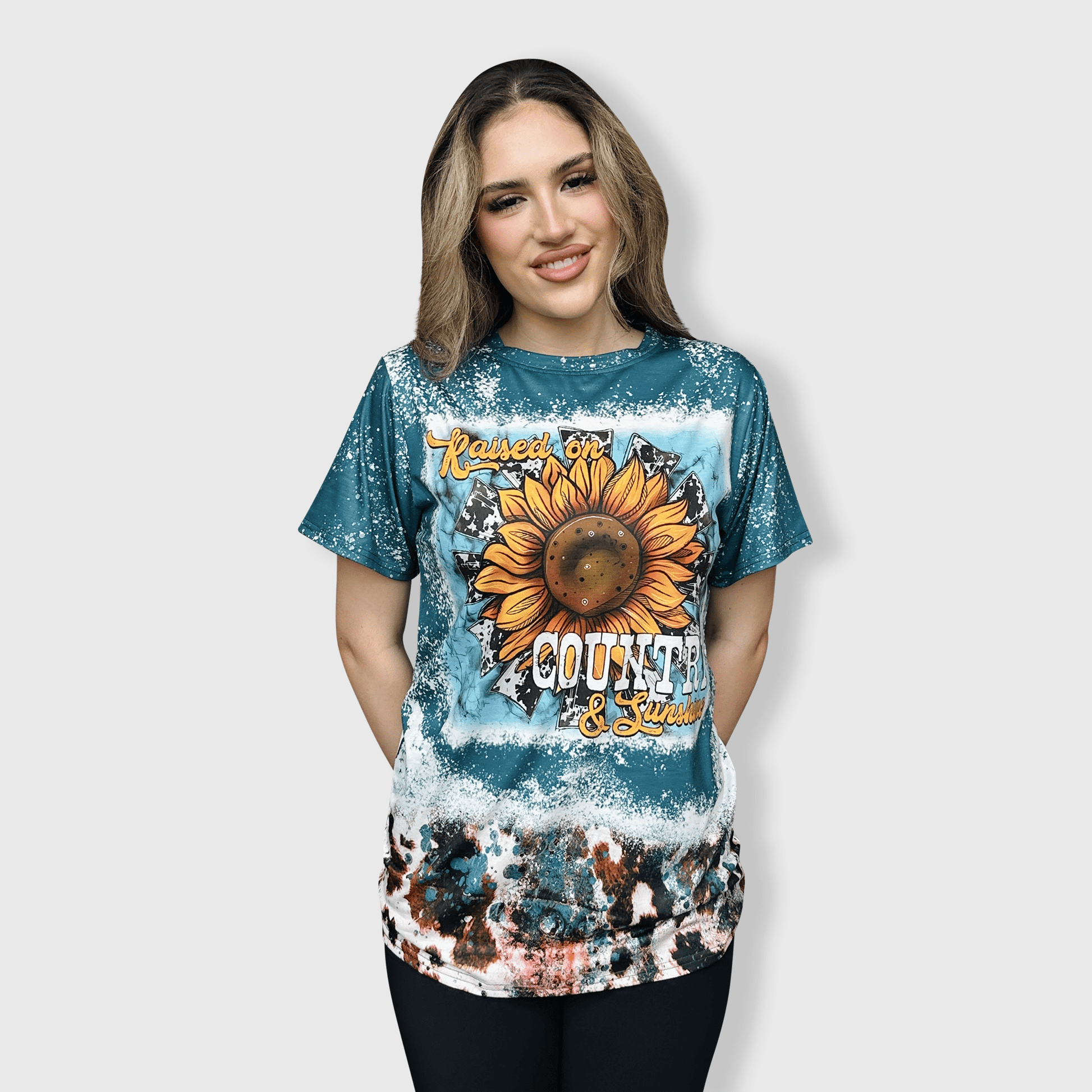 ILTEX Apparel Women's Clothing 'Raised on Country & Sunshine' Teal Faux Bleached Top