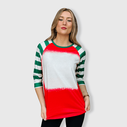 ILTEX Apparel Women's Clothing Red Green Candy Cane Raglan Blank Faux Bleached Top