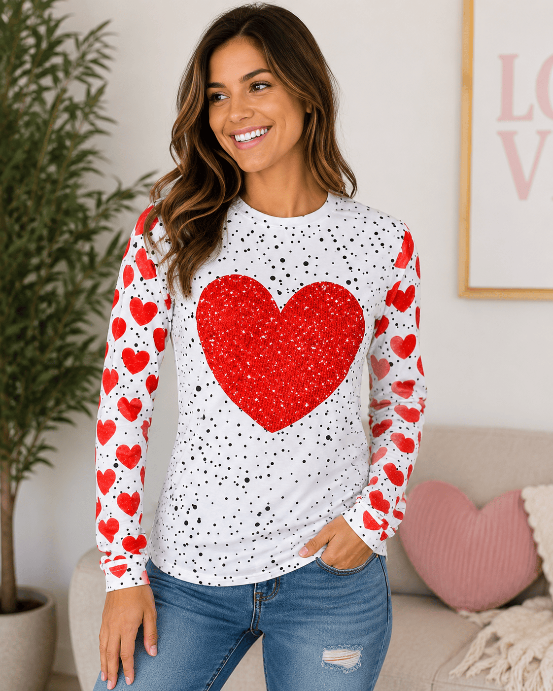 ILTEX Apparel Women's Clothing Red Heart Polka Dot White Top