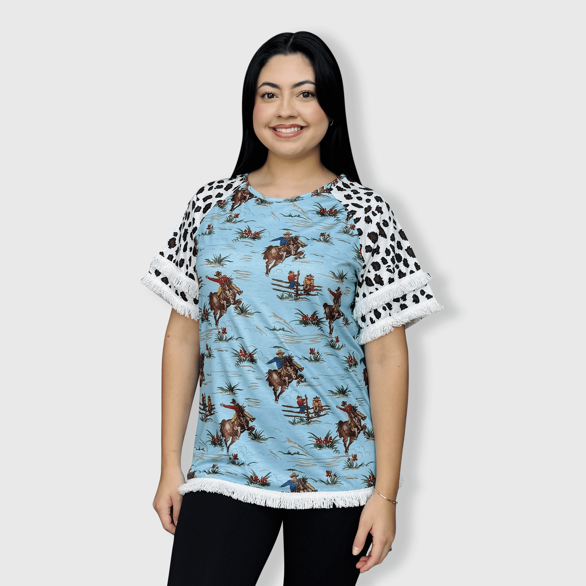 ILTEX Apparel Women's Clothing Rodeo Horse Blue Cheetah Tassel Tunic Top