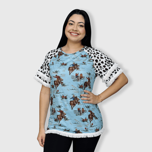 ILTEX Apparel Women's Clothing Rodeo Horse Blue Cheetah Tassel Tunic Top