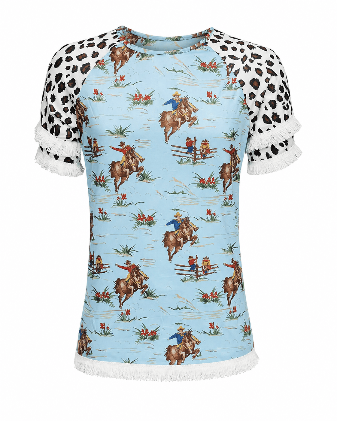 ILTEX Apparel Women's Clothing Rodeo Horse Blue Cheetah Tassel Tunic Top