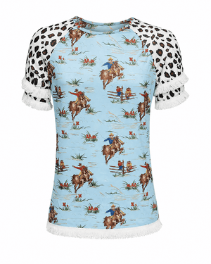 ILTEX Apparel Women's Clothing Rodeo Horse Blue Cheetah Tassel Tunic Top