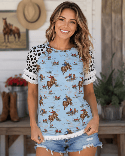 ILTEX Apparel Women's Clothing Rodeo Horse Blue Cheetah Tassel Tunic Top