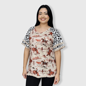 ILTEX Apparel Women's Clothing Rodeo Horse Tan Cheetah Tassel Tunic Top