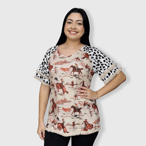 ILTEX Apparel Women's Clothing Rodeo Horse Tan Cheetah Tassel Tunic Top