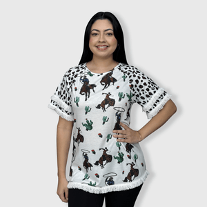 ILTEX Apparel Women's Clothing Rodeo Horse White Cheetah Tassel Tunic Top