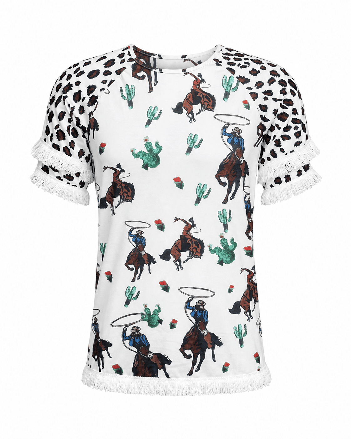 ILTEX Apparel Women's Clothing Rodeo Horse White Cheetah Tassel Tunic Top