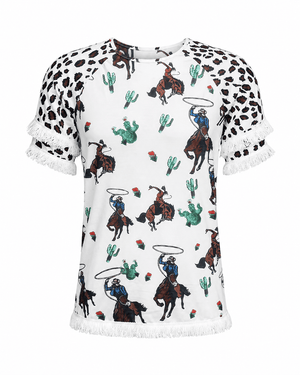 ILTEX Apparel Women's Clothing Rodeo Horse White Cheetah Tassel Tunic Top