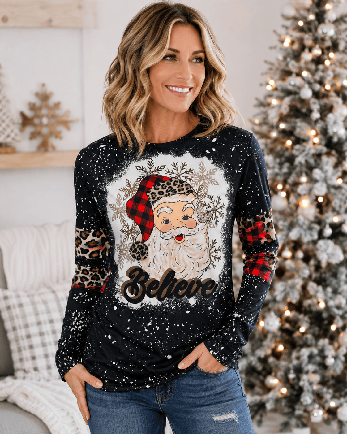 ILTEX Apparel Women's Clothing Santa Believe Black Long Sleeve Top