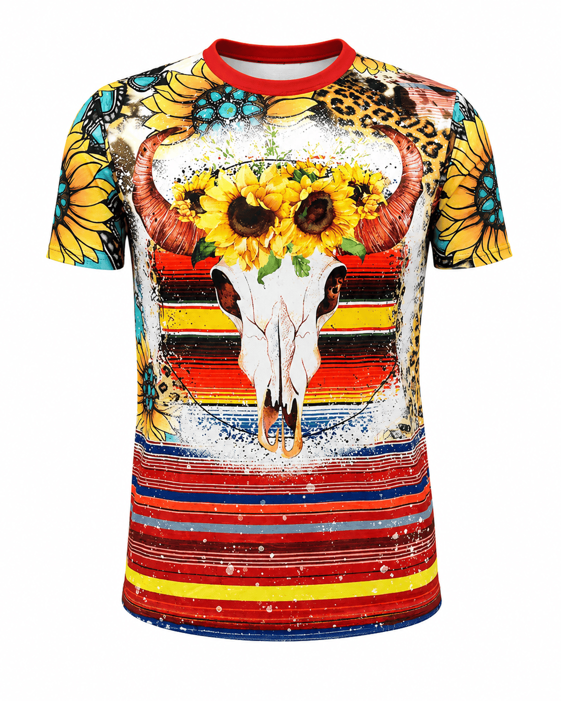 ILTEX Apparel Women's Clothing Serape Sunflower Steer Skull Bleached Top