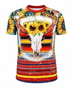 ILTEX Apparel Women's Clothing Serape Sunflower Steer Skull Bleached Top