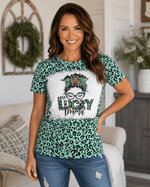 ILTEX Apparel Women's Clothing St. Patricks Lucky Mama Green Cheetah Faux Bleached Top