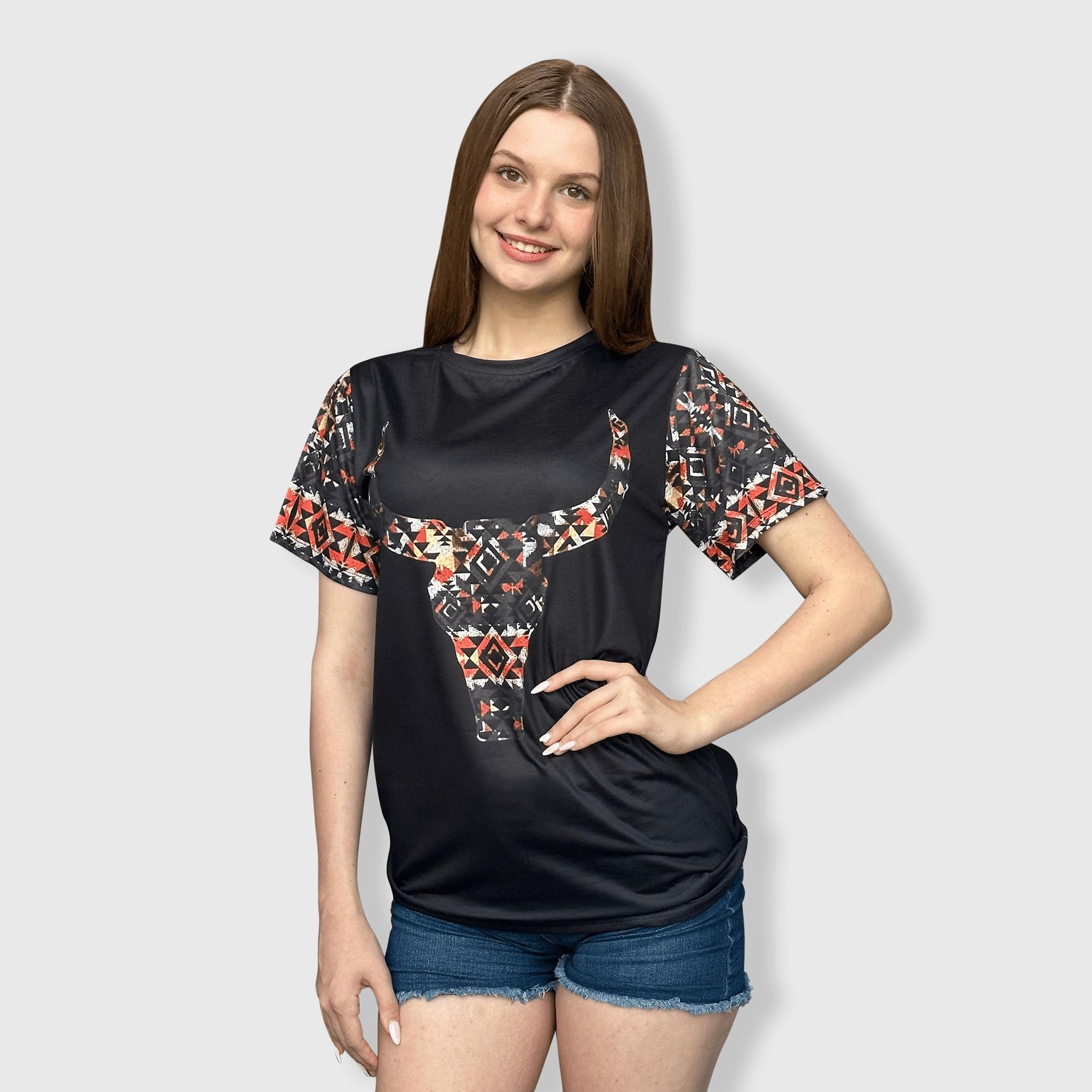 ILTEX Apparel Women's Clothing Steer Skull Aztec Black Top