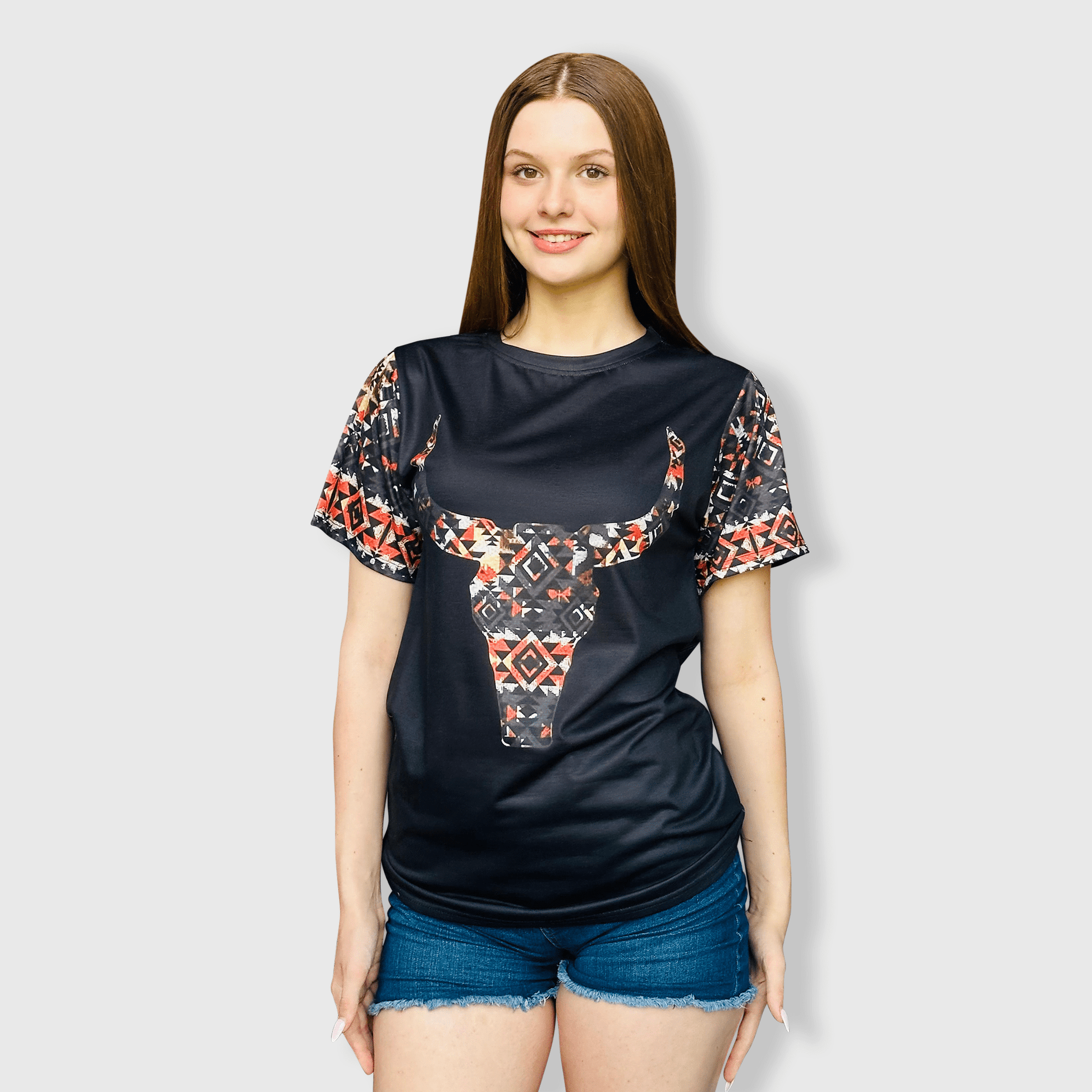 ILTEX Apparel Women's Clothing Steer Skull Aztec Black Top