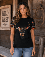 ILTEX Apparel Women's Clothing Steer Skull Aztec Black Top