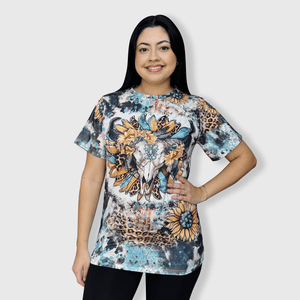 ILTEX Apparel Women's Clothing Steer Skull Sunflower Cheetah Cow Faux Bleached Top