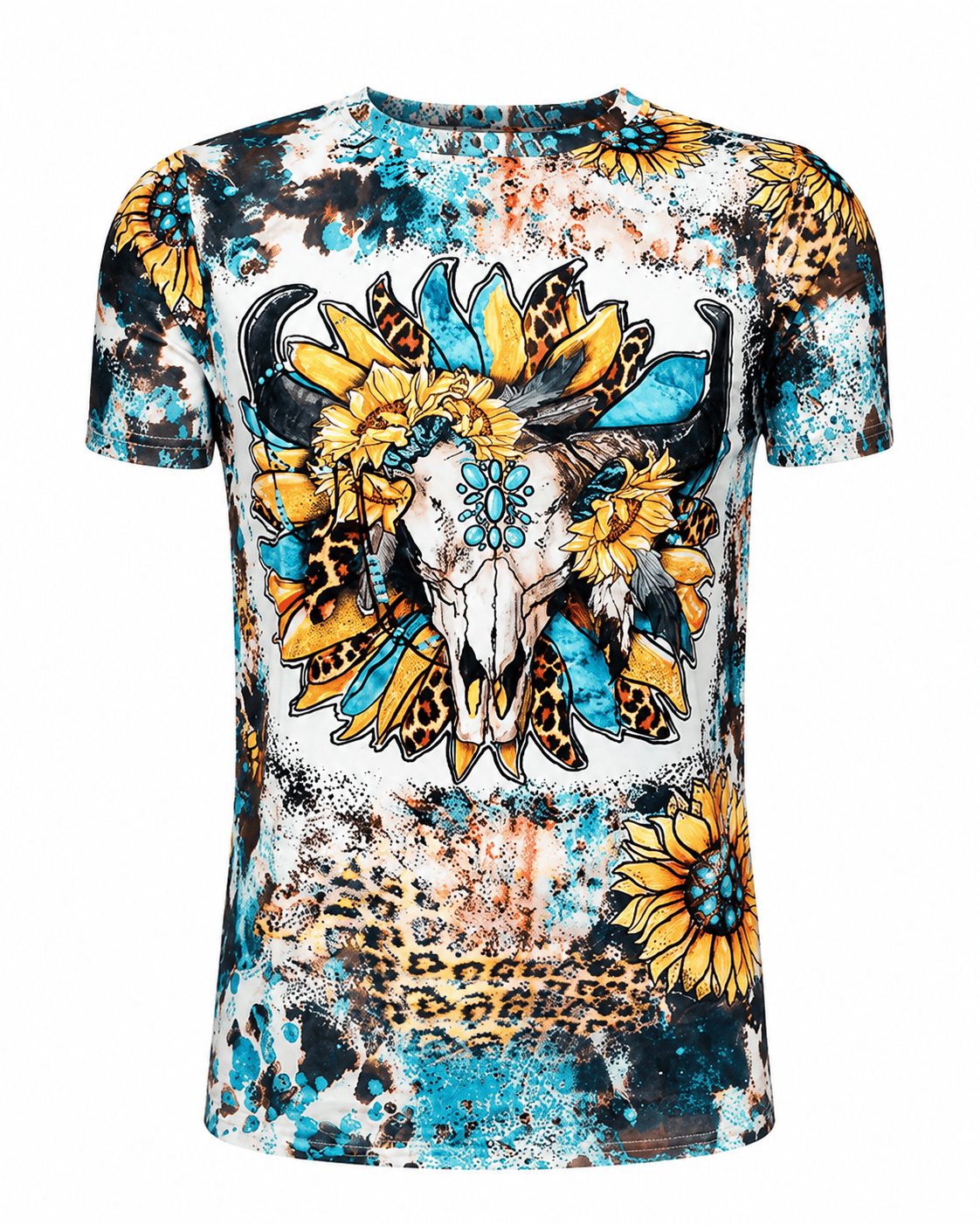 ILTEX Apparel Women's Clothing Steer Skull Sunflower Cheetah Cow Faux Bleached Top