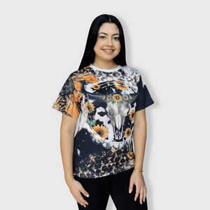 ILTEX Apparel Women's Clothing Sunflower Black Steer Skull Bleached Top