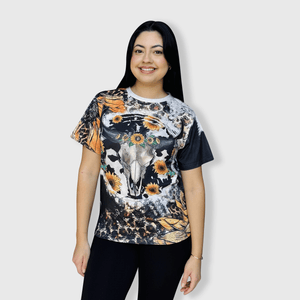 ILTEX Apparel Women's Clothing Sunflower Black Steer Skull Bleached Top