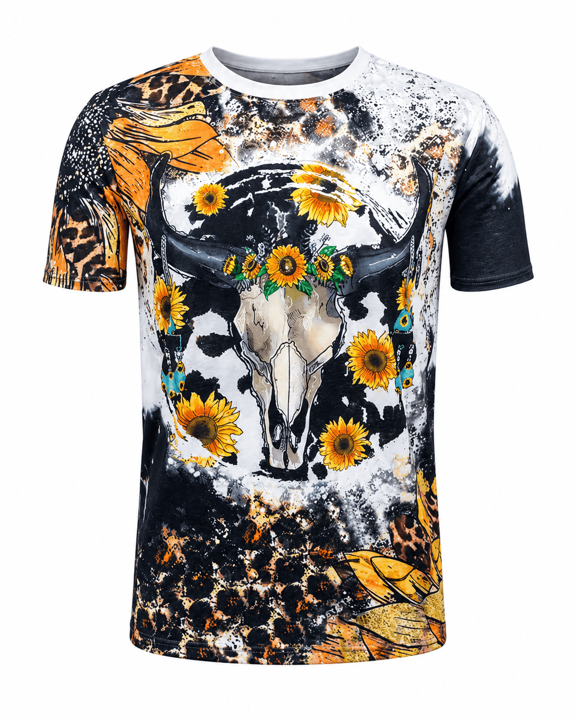 ILTEX Apparel Women's Clothing Sunflower Black Steer Skull Bleached Top
