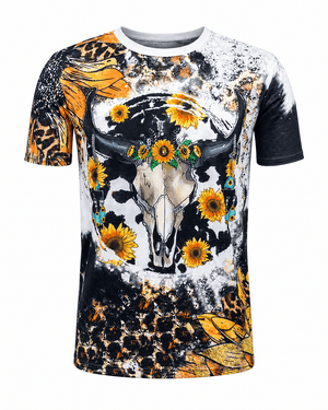 ILTEX Apparel Women's Clothing Sunflower Black Steer Skull Bleached Top