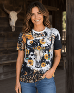 ILTEX Apparel Women's Clothing Sunflower Black Steer Skull Bleached Top