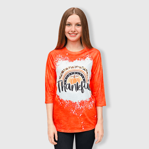 ILTEX Apparel Women's Clothing Thankful Rainbow Orange Raglan Bleached Top