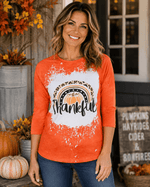 ILTEX Apparel Women's Clothing Thankful Rainbow Orange Raglan Bleached Top