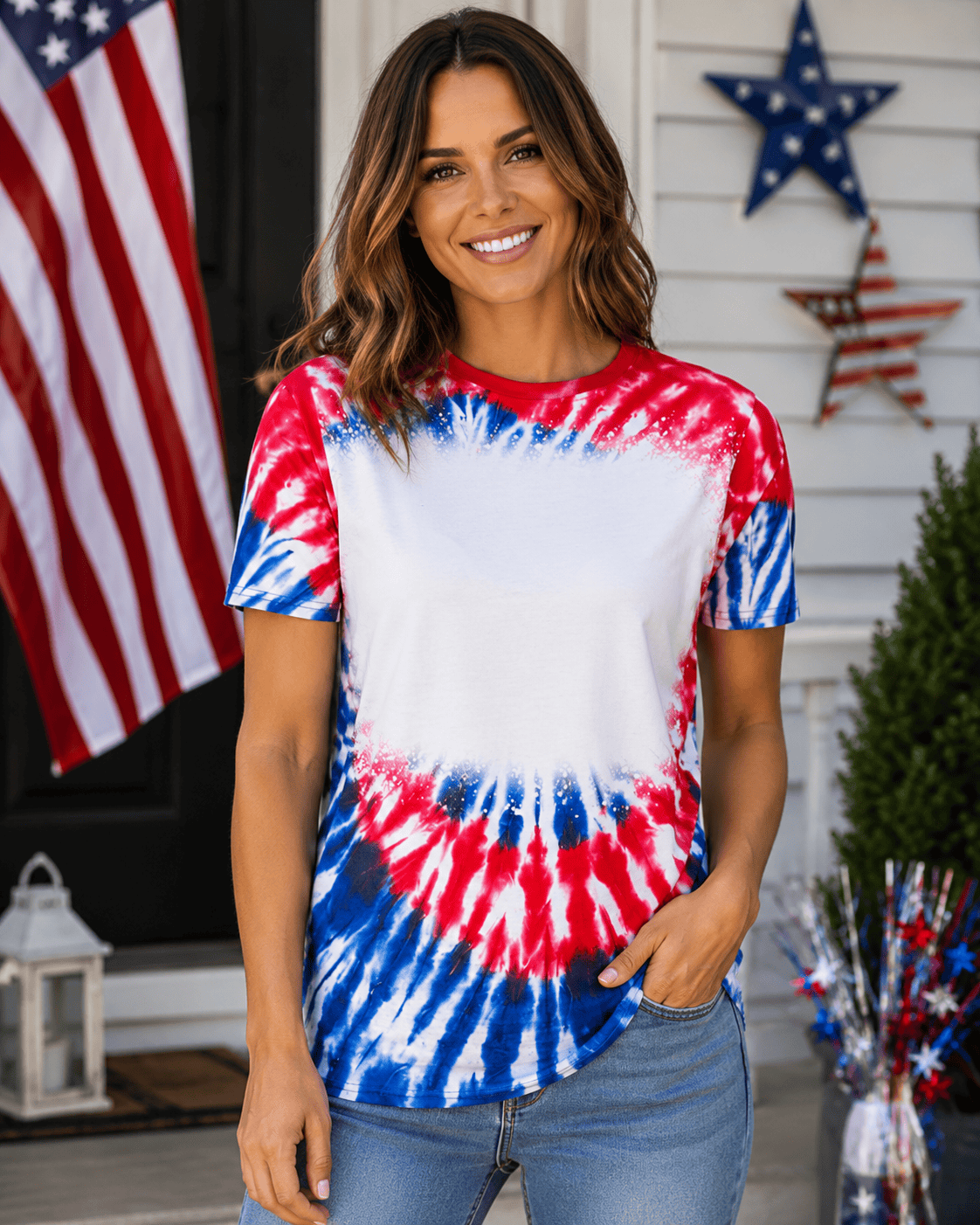 ILTEX Apparel Women's Clothing Tie Dye 4th of July Blank Faux Bleached Top