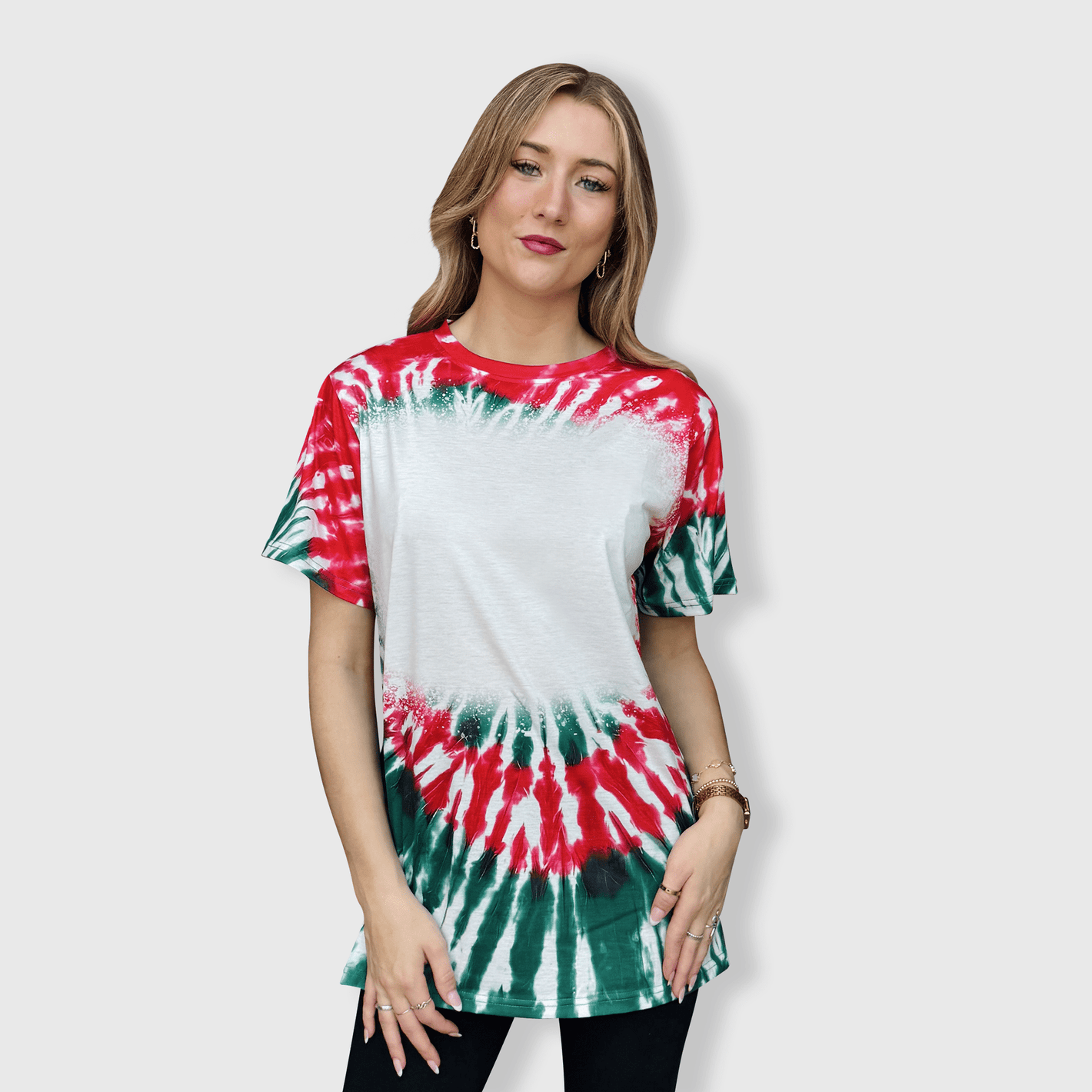 ILTEX Apparel Women's Clothing Tie Dye Red Green Blank Faux Bleached Top