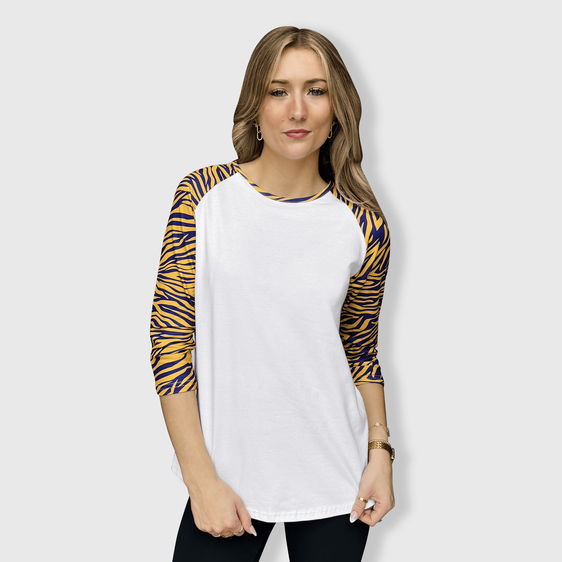 ILTEX Apparel Women's Clothing Tiger Purple Gold Raglan Top