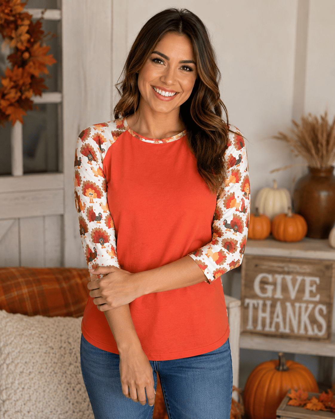 ILTEX Apparel Women's Clothing Turkey Thanksgiving Orange Raglan Top
