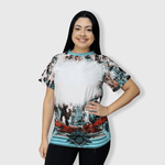ILTEX Apparel Women's Clothing Turquoise Cow Aztec Serape Blank Faux Bleached Top