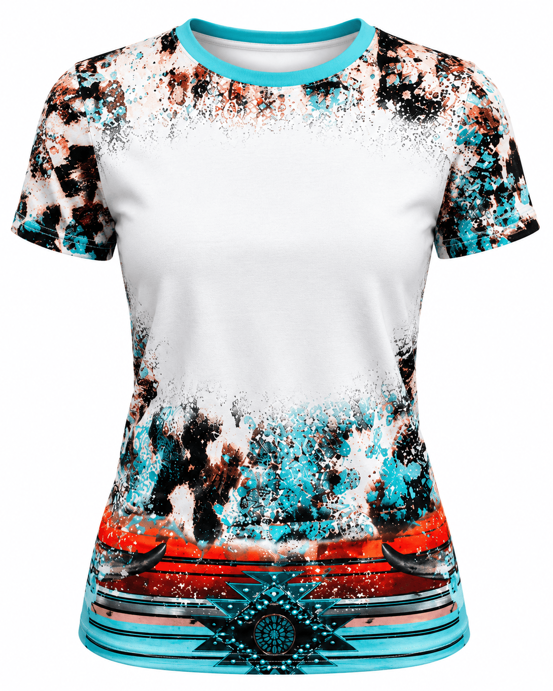 ILTEX Apparel Women's Clothing Turquoise Cow Aztec Serape Blank Faux Bleached Top