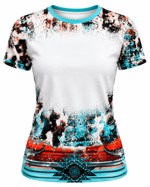 ILTEX Apparel Women's Clothing Turquoise Cow Aztec Serape Blank Faux Bleached Top