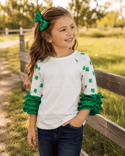 ILTEX T-Shirts Ruffle Raglan St. Patricks White Shamrock Ruffle Top Kids